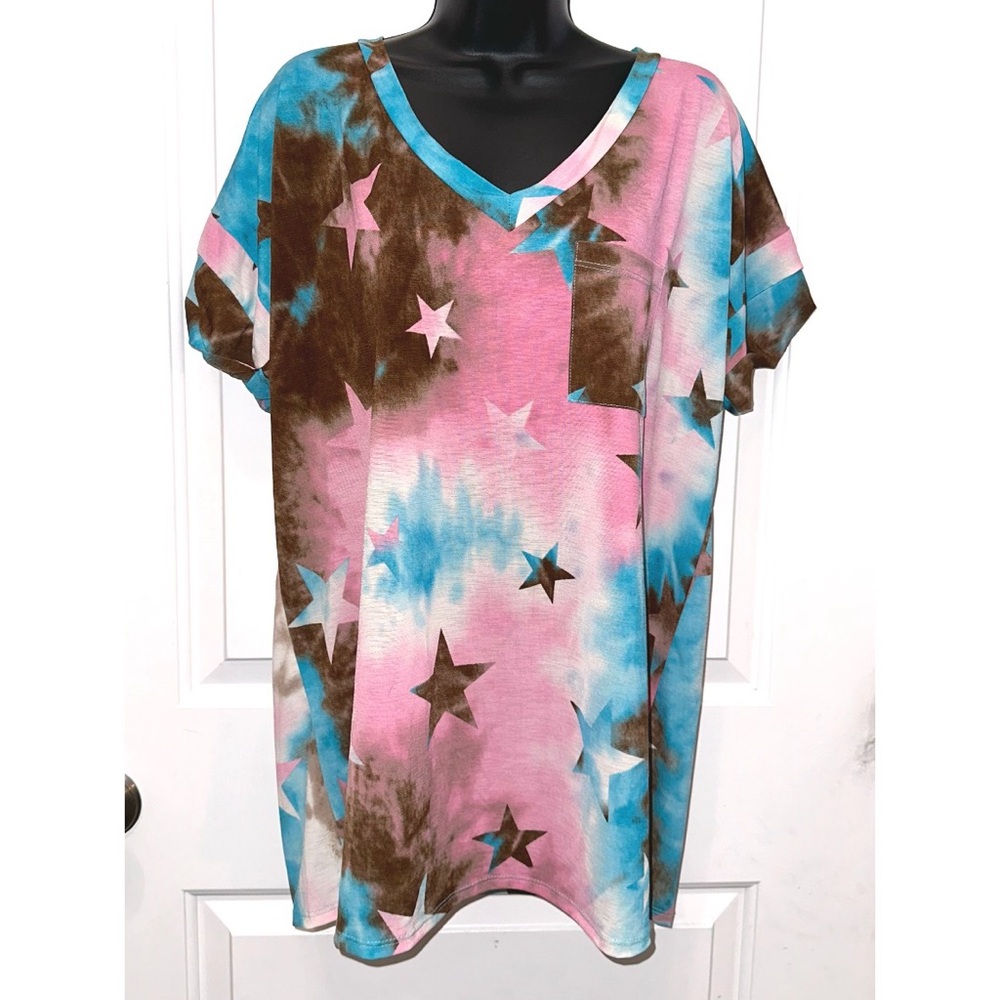 Sew in Love pink/blue/brown star print tee - Picture 1 of 5